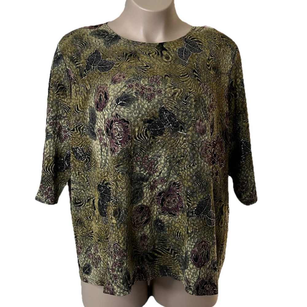 Vtg Maggie‎ Barnes Top Womens 3X Floral Black Gold Purple Slinky Stretch Artsy
